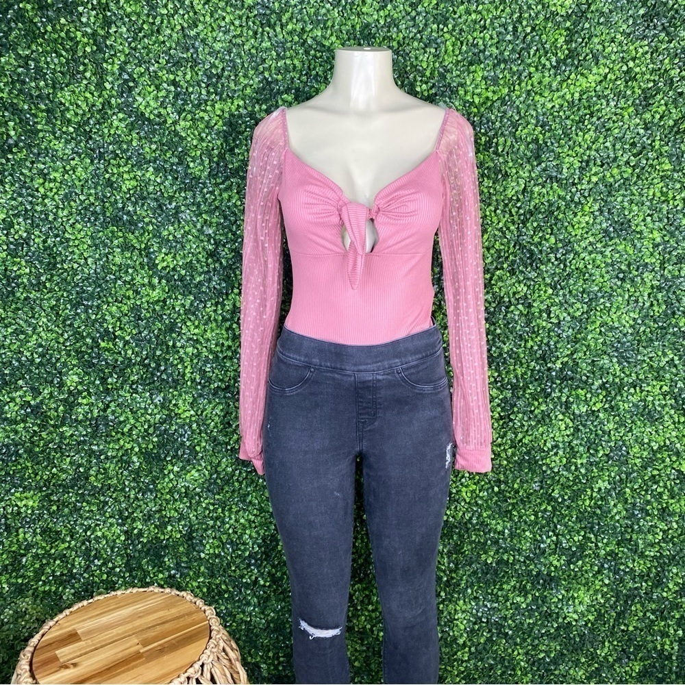 Mauve pink sheer sleeve ribbed body suit - Picture 4 of 9